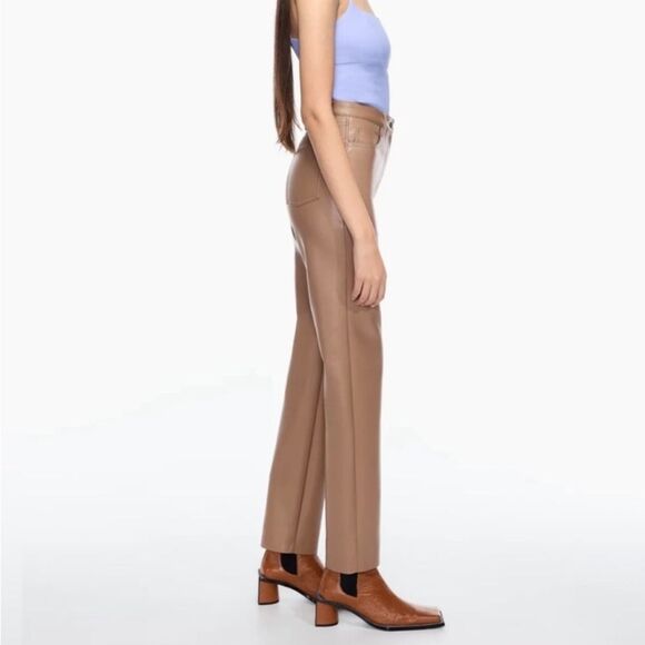 ARITZIA Wilfred The Melina High Waisted Vegan Leather Pants Taupe Size 8 Tall - Picture 2 of 14